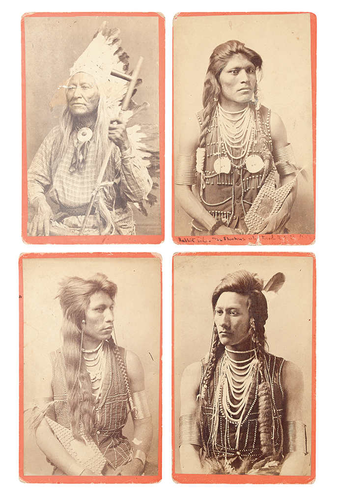 (AMERICAN INDIANS--PHOTOGRAPHS.) Baker & Johnston; photographers. Group of 4 cabinet card portraits of Shoshone men.